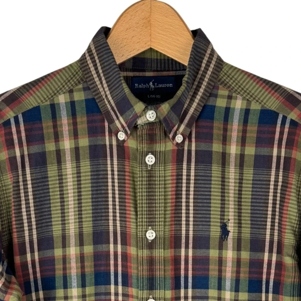 Ralph Lauren Boys Plaid Button Down Shirt Green Navy Red L‎ 14-16 Cotton NEW